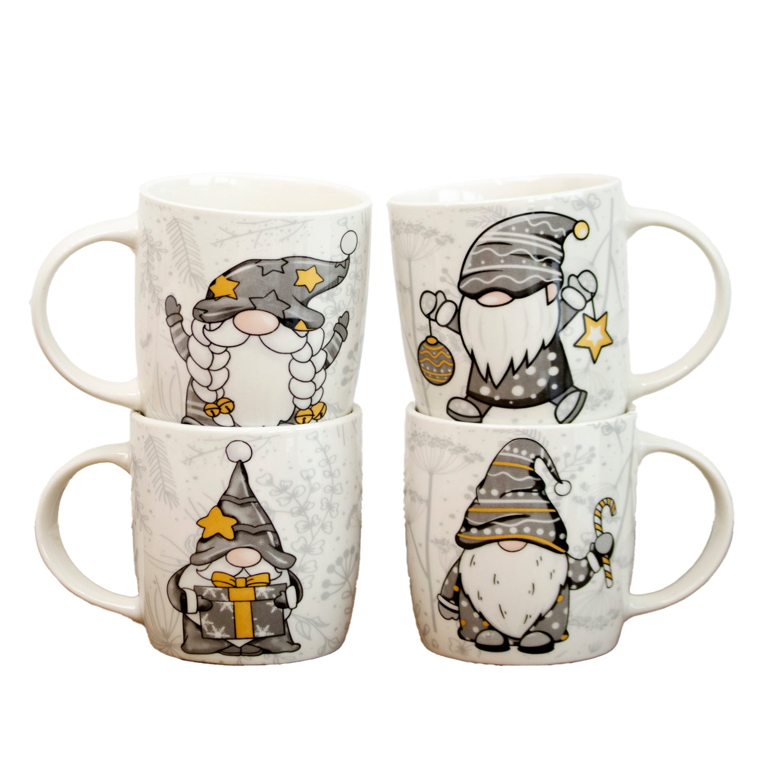 Set Of 4 Grey & Gold Gonk Mugs