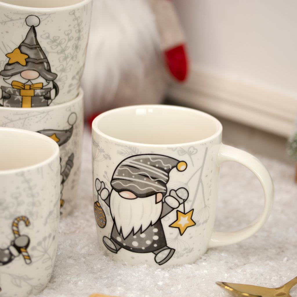 Set Of 4 Grey & Gold Gonk Mugs
