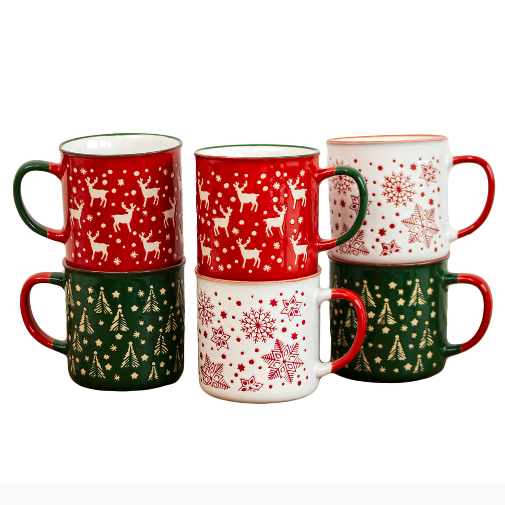 Set of 6 Extra Large Stoneware Christmas Mugs