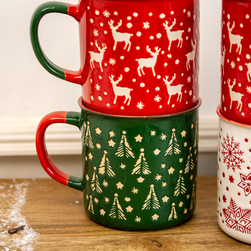 Set of 6 Extra Large Stoneware Christmas Mugs