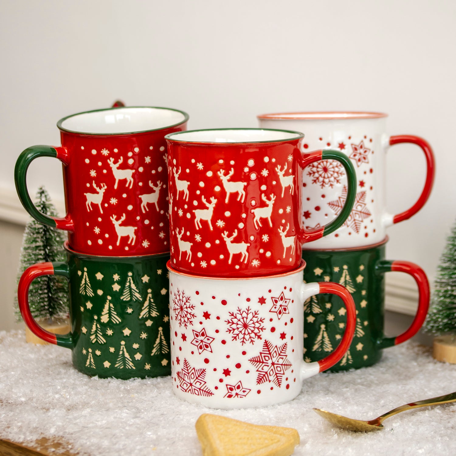 Set of 6 Extra Large Stoneware Christmas Mugs