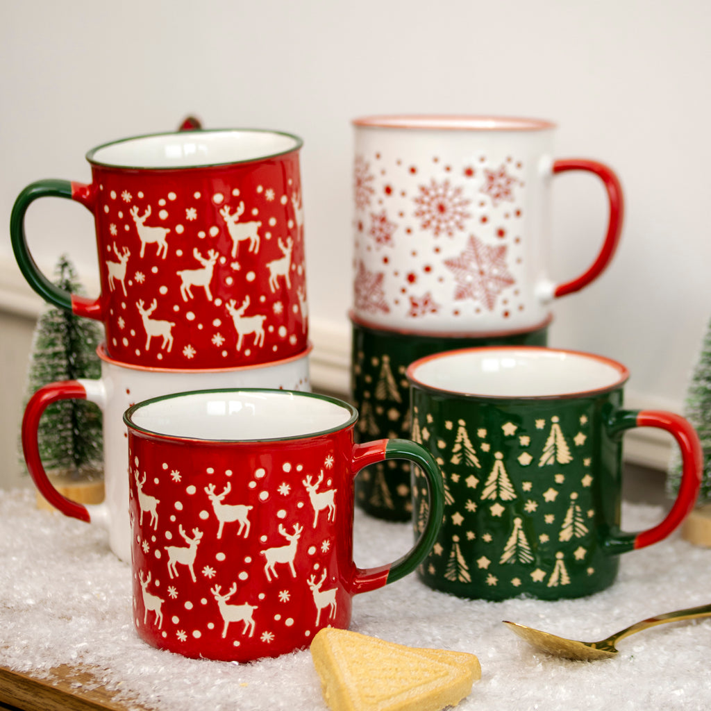 Set of 6 Extra Large Stoneware Christmas Mugs