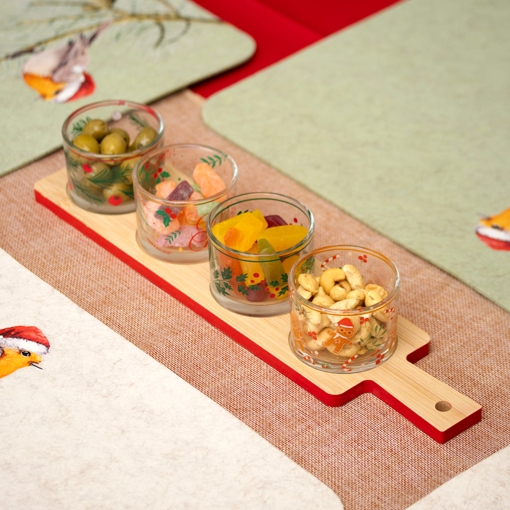 5 Piece Christmas Glass Snack Bowls On Bamboo Tray