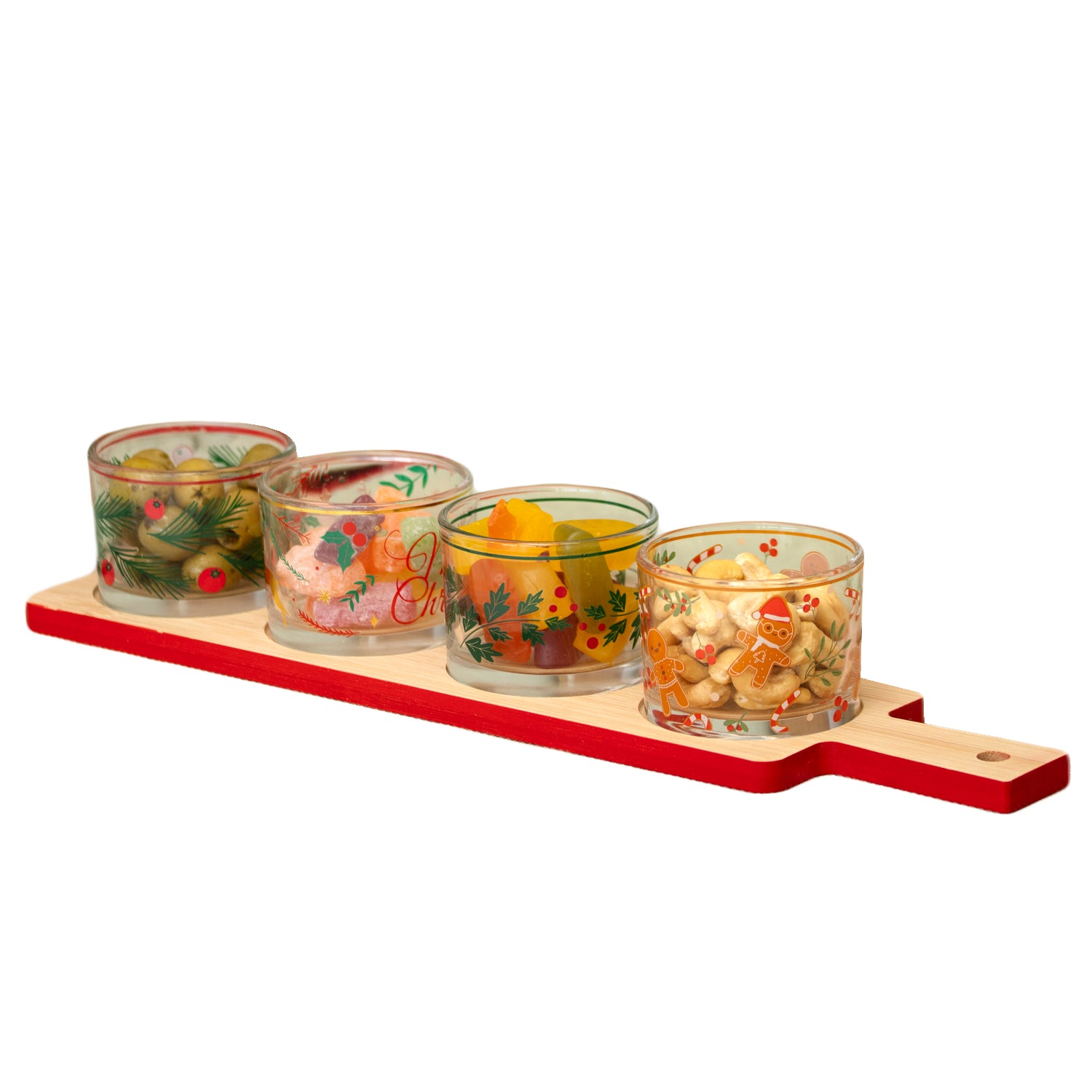 5 Piece Christmas Glass Snack Bowls On Bamboo Tray