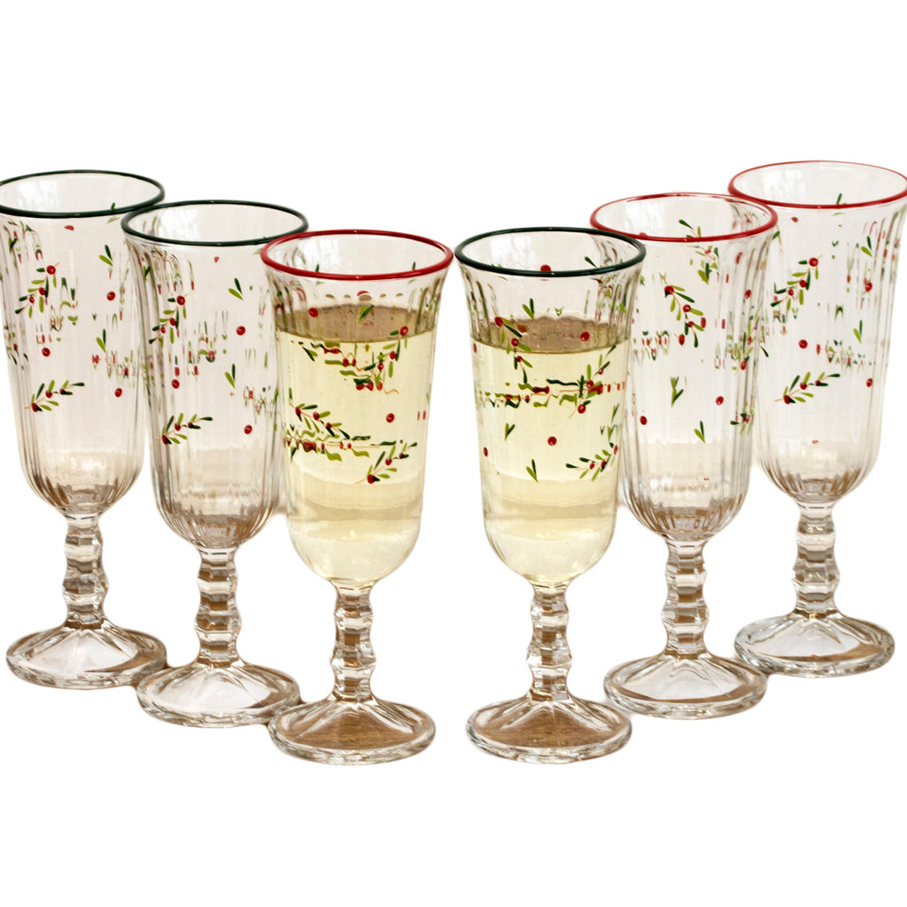 Set Of 6 Christmas Hollyberry Champagne Flutes