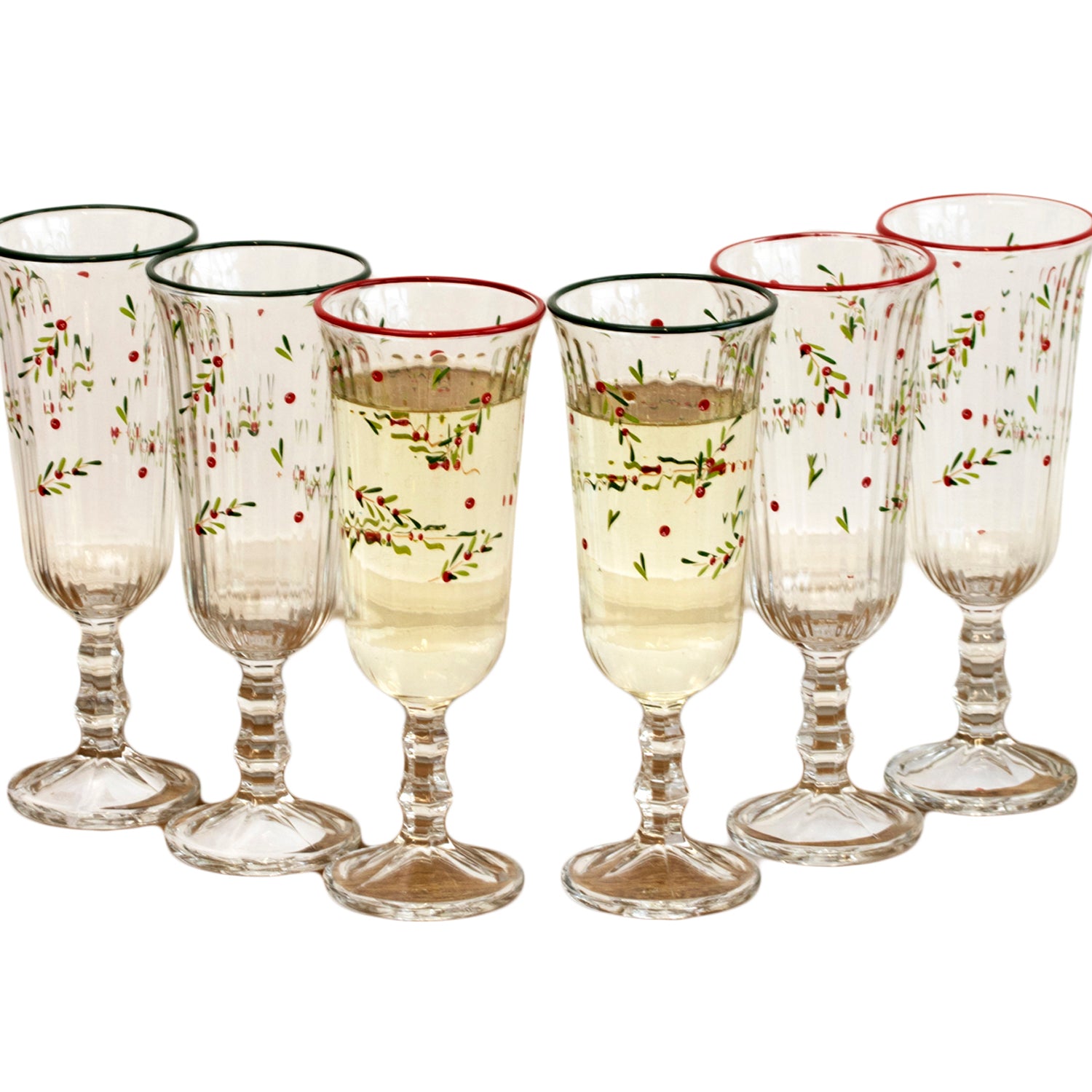 Set Of 6 Christmas Hollyberry Champagne Flutes