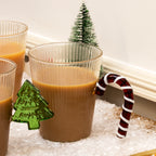 Set Of 4 Ribbed Glass Christmas Handle Mugs