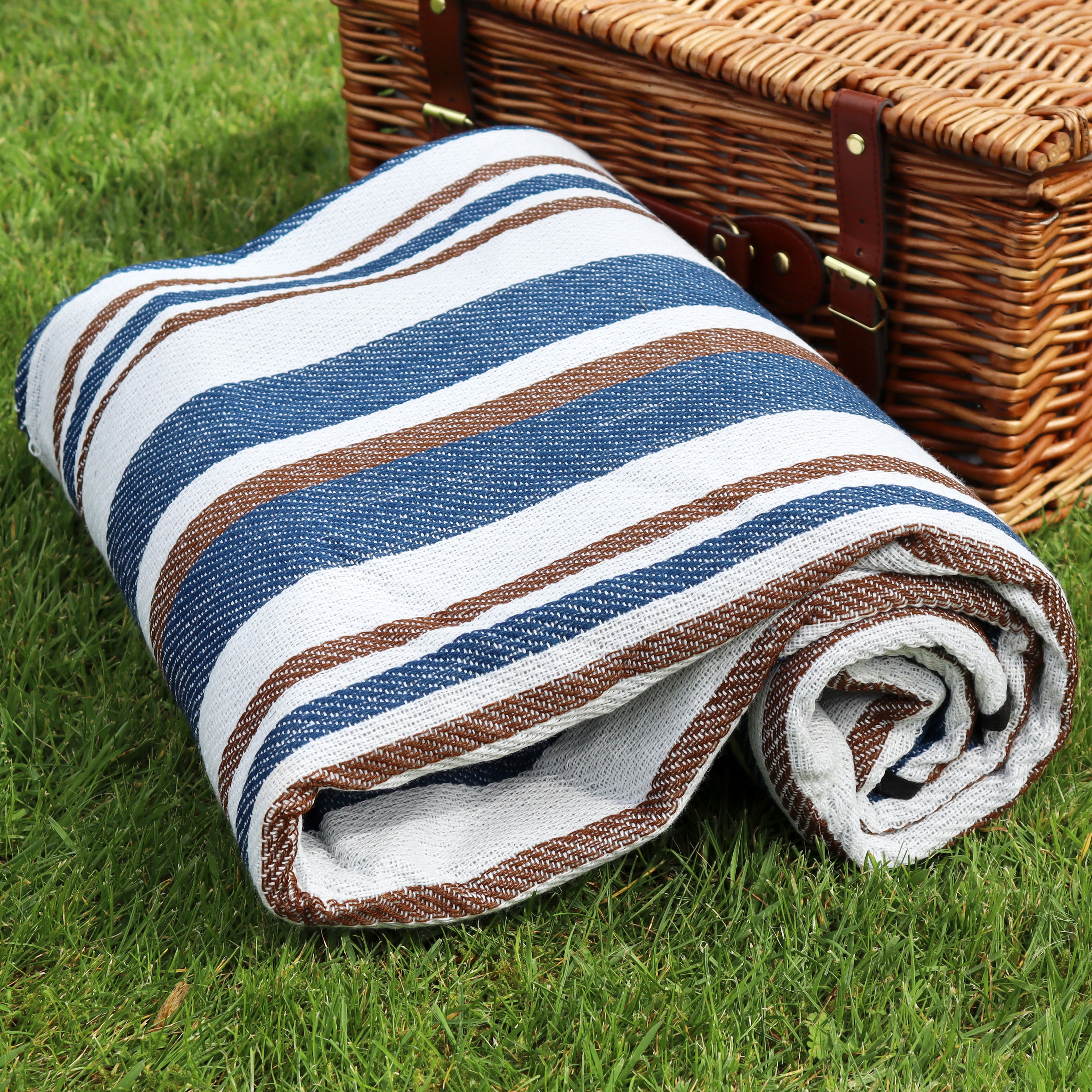 Blue And Brown Striped Picnic Blanket