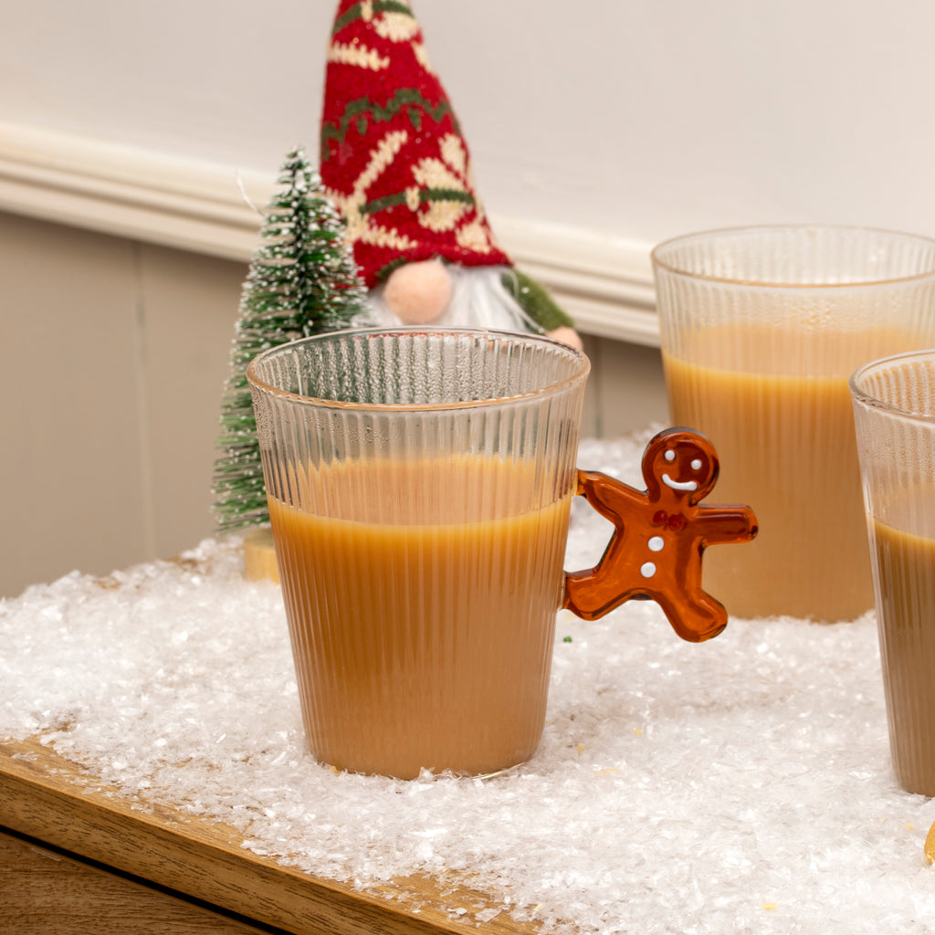Set Of 4 Ribbed Glass Christmas Handle Mugs