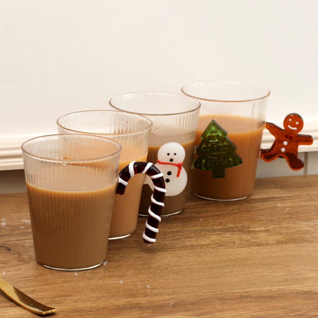 Set Of 4 Ribbed Glass Christmas Handle Mugs
