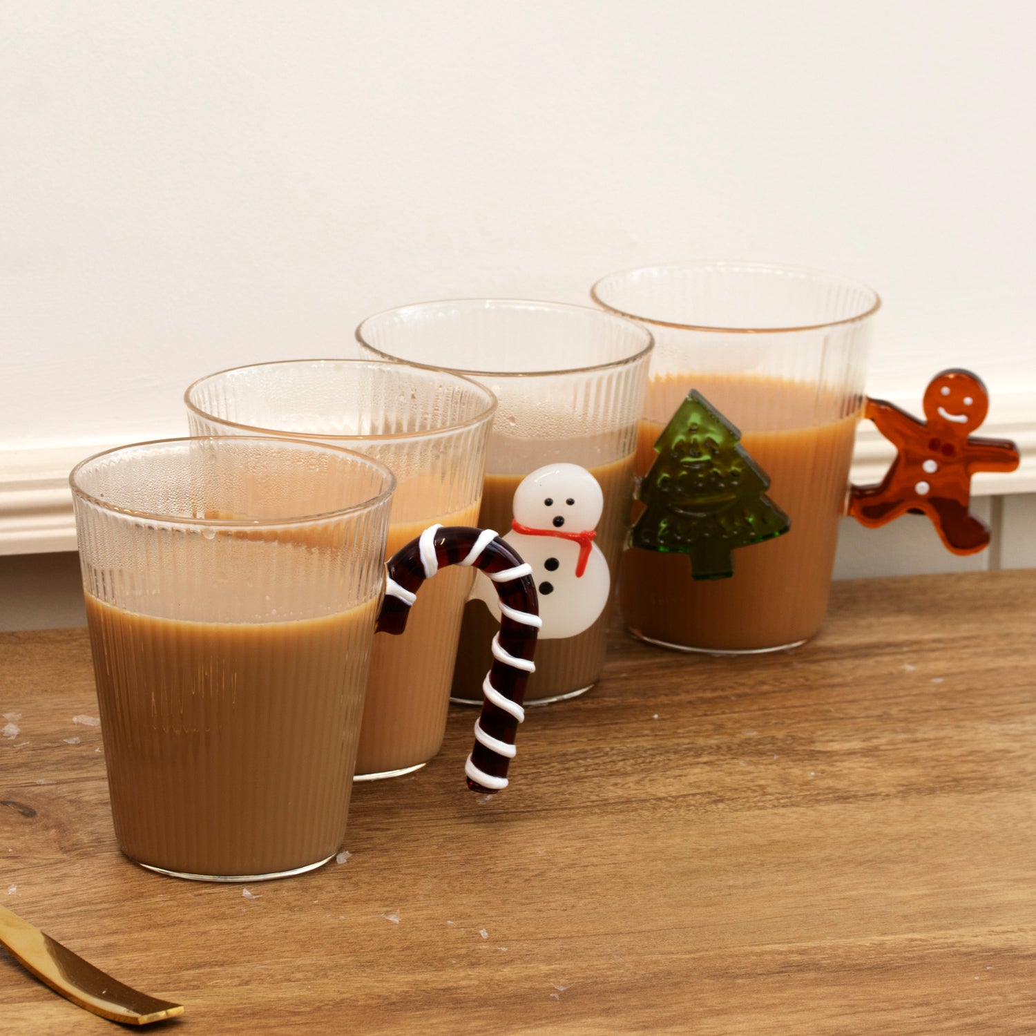Set Of 4 Ribbed Glass Christmas Handle Mugs