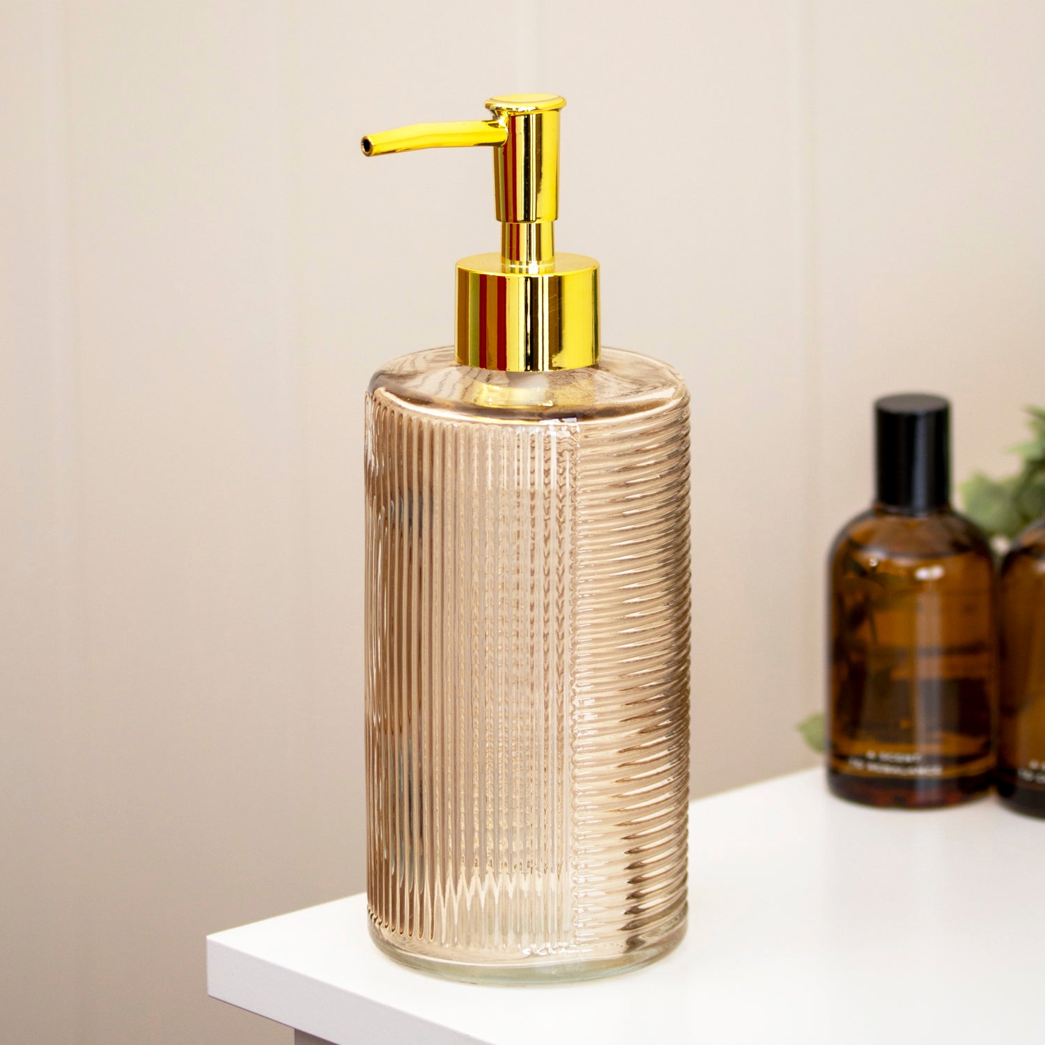 Beige Tall Ribbed Glass Soap Dispenser