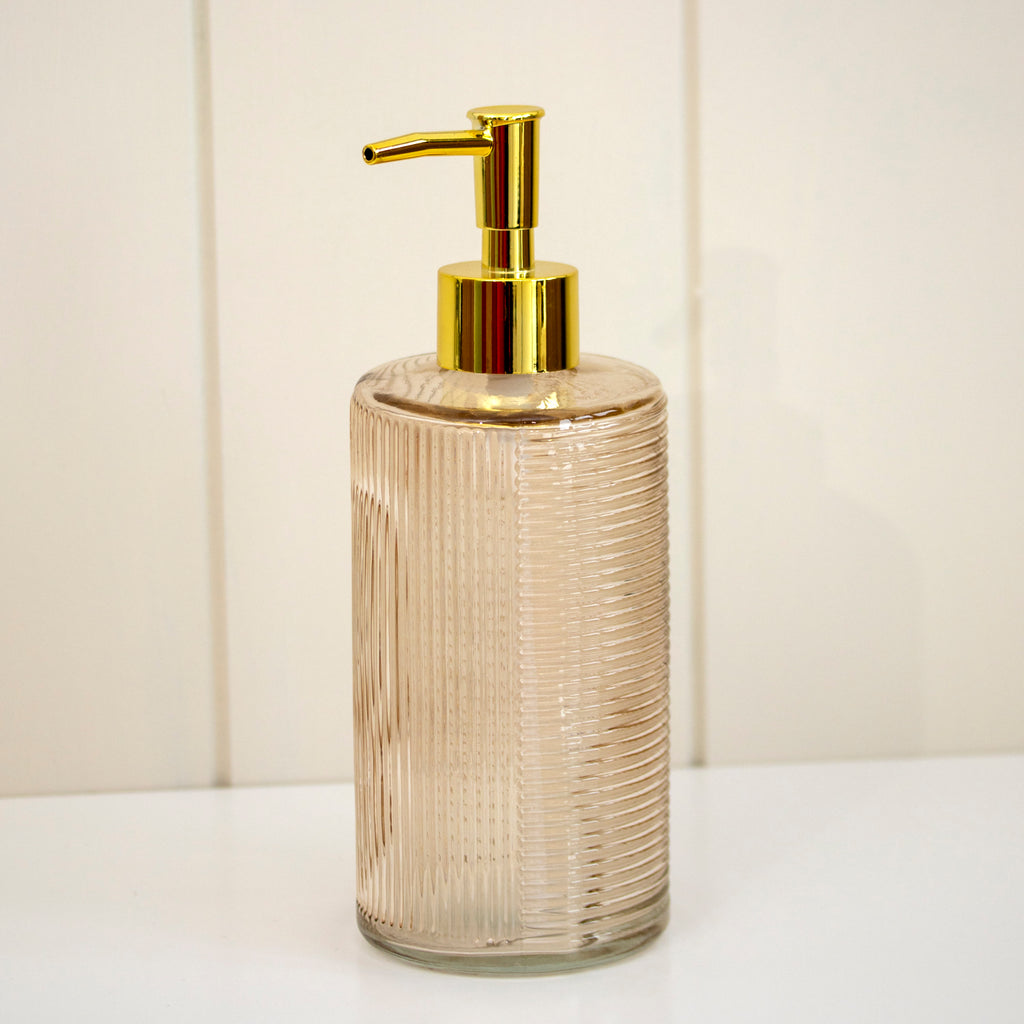 Beige Tall Ribbed Glass Soap Dispenser