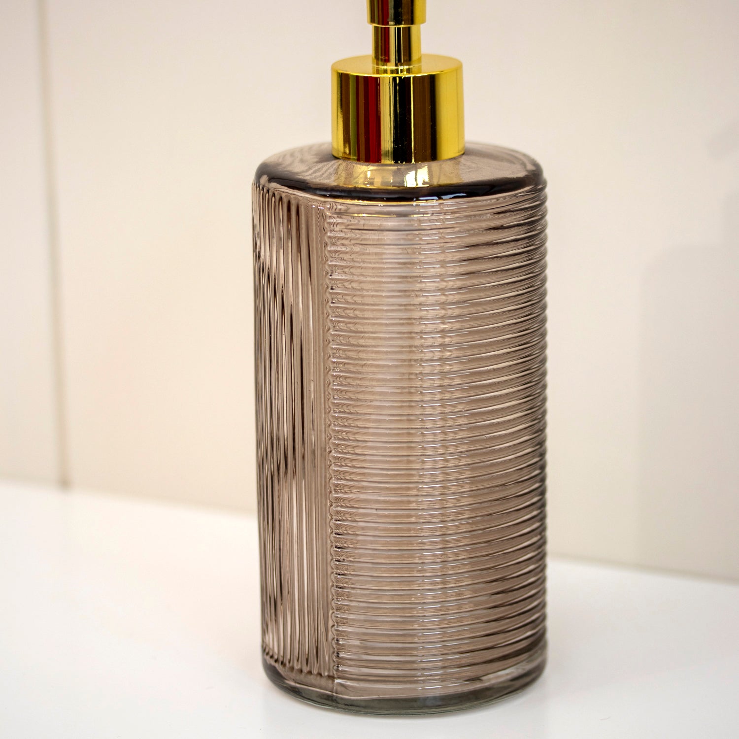 Brown Tall Ribbed Glass Soap Dispenser