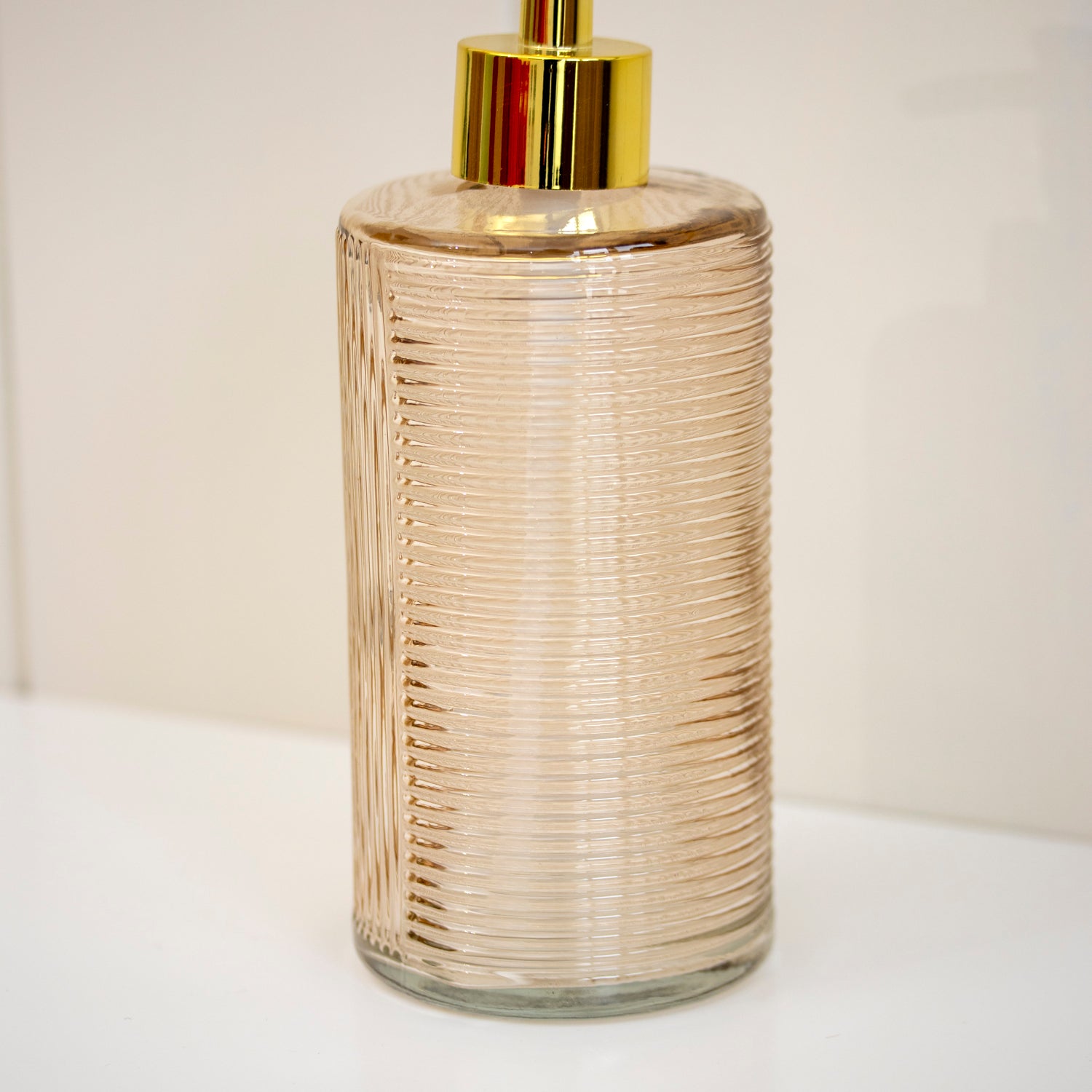 Beige Tall Ribbed Glass Soap Dispenser