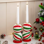Set of 2 Striped Christmas Bauble Candlestick Holders
