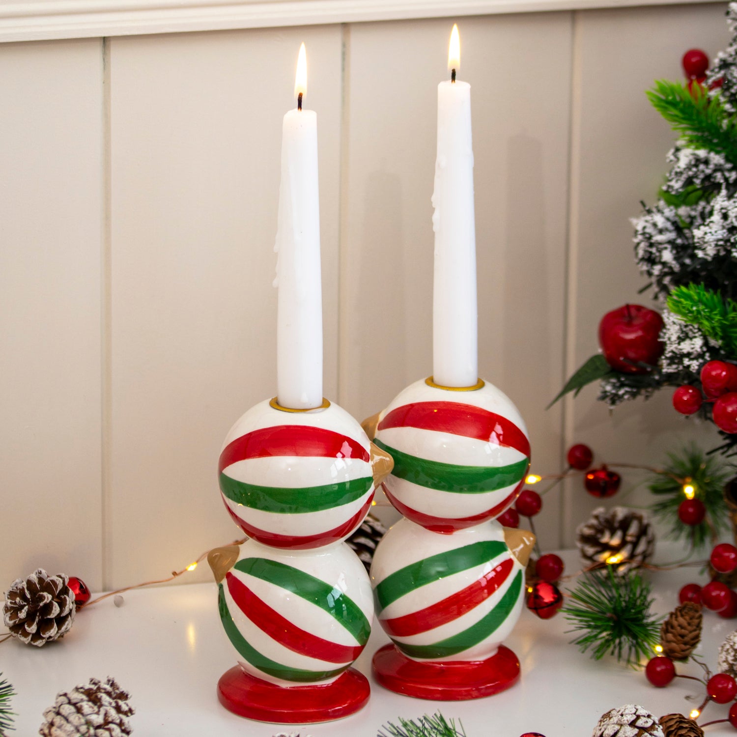 Set of 2 Striped Christmas Bauble Candlestick Holders