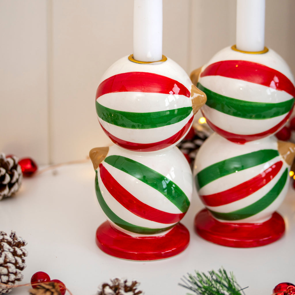 Set of 2 Striped Christmas Bauble Candlestick Holders