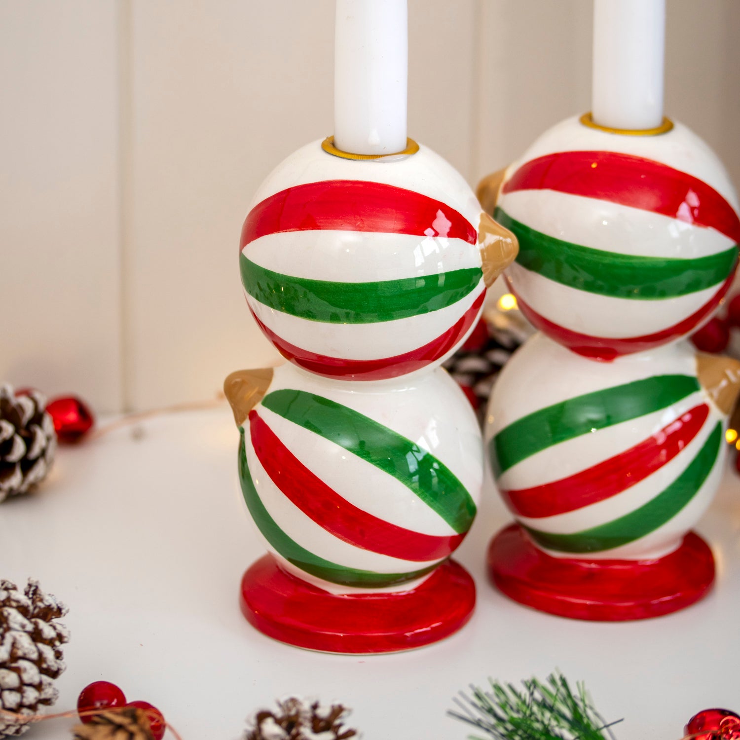 Set of 2 Striped Christmas Bauble Candlestick Holders