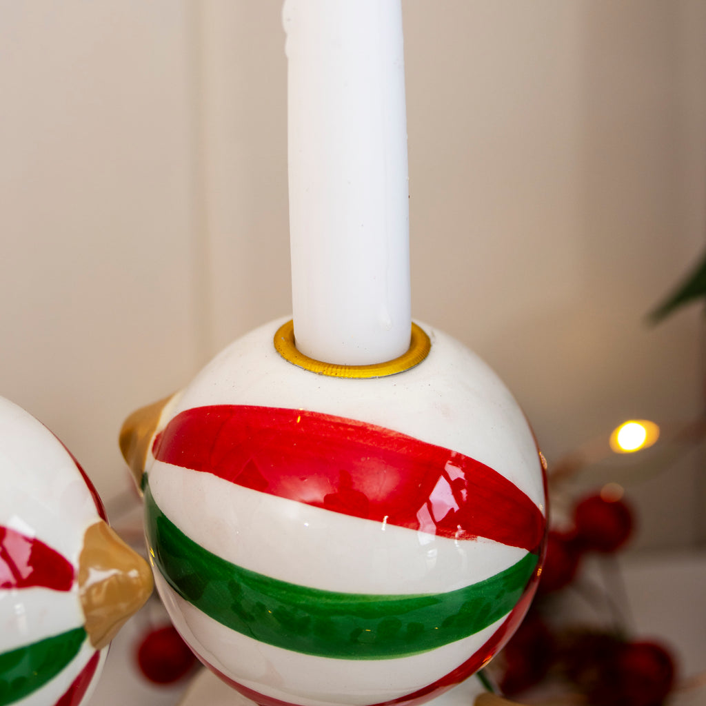Set of 2 Striped Christmas Bauble Candlestick Holders