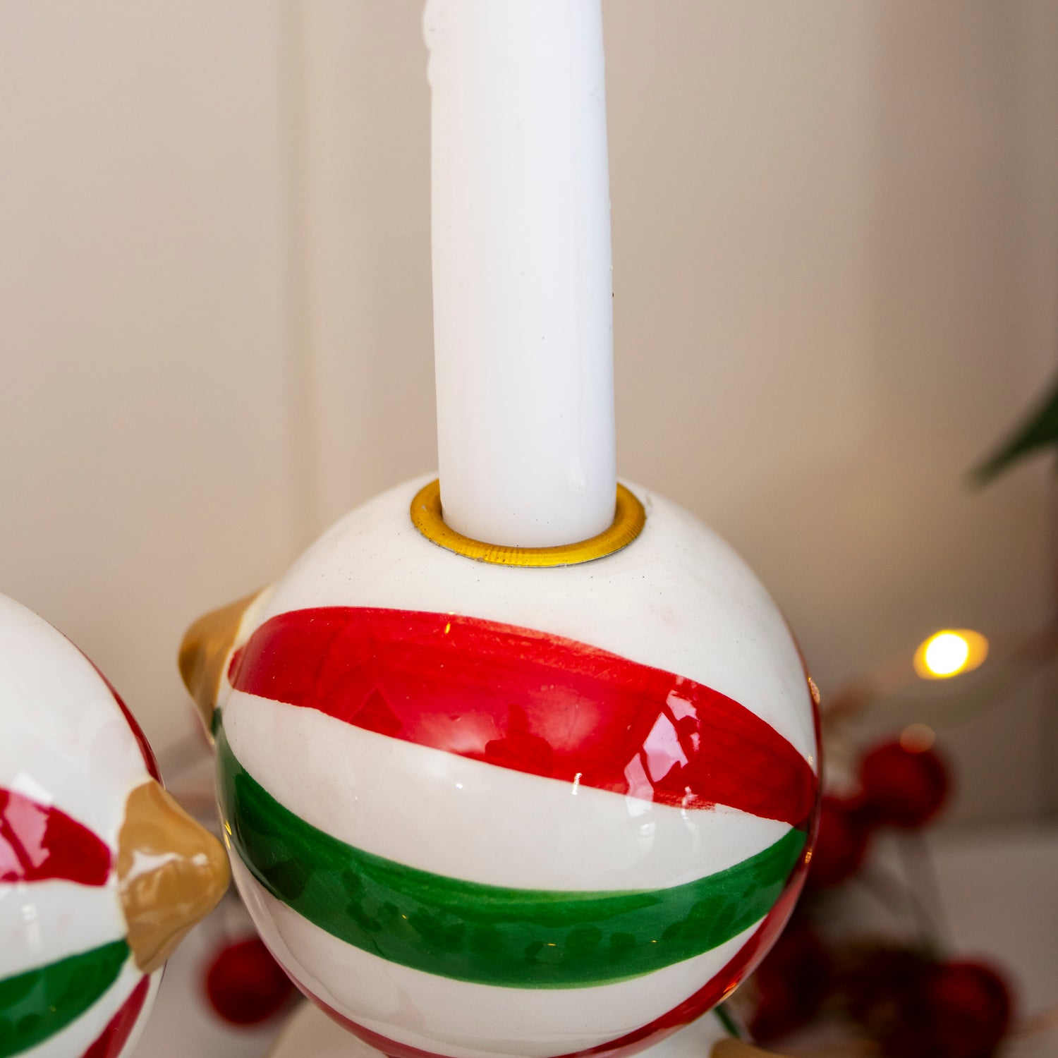 Set of 2 Striped Christmas Bauble Candlestick Holders