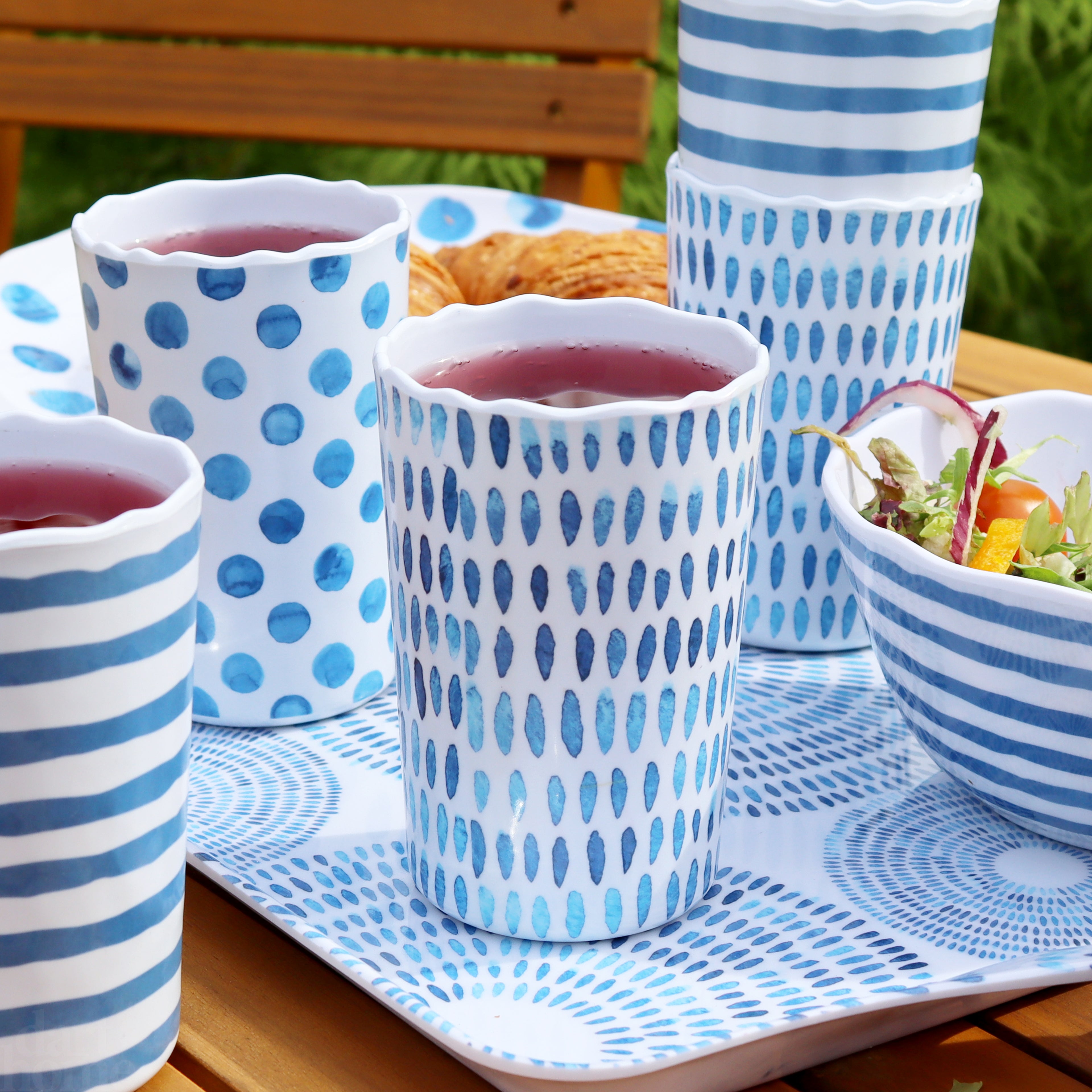 Set Of 6 Blue Patterned Outdoor Tumblers