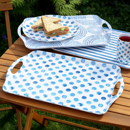 Set Of 3 Blue Patterned Large Handled Trays