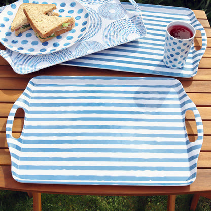 Set Of 3 Blue Patterned Large Handled Trays