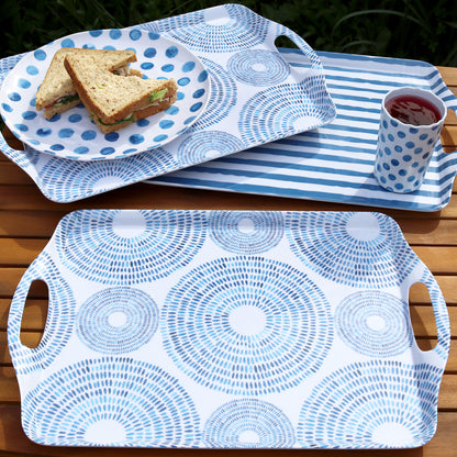 Set Of 3 Blue Patterned Large Handled Trays