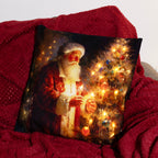 An LED cushion featuring a festive scene with Santa Claus, a Christmas tree, and candles, placed on a cozy, red textured surface.