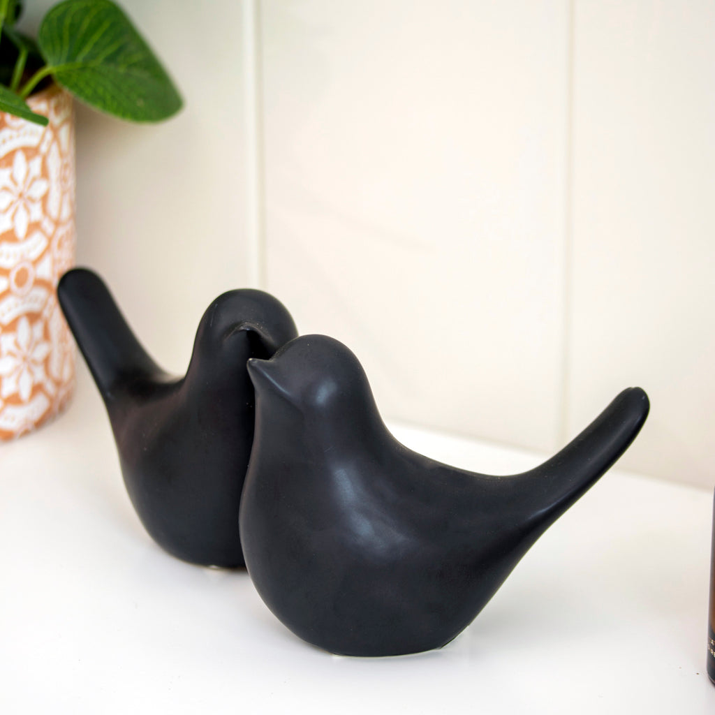 Set of 2 Matt Black Ceramic Bird Ornaments