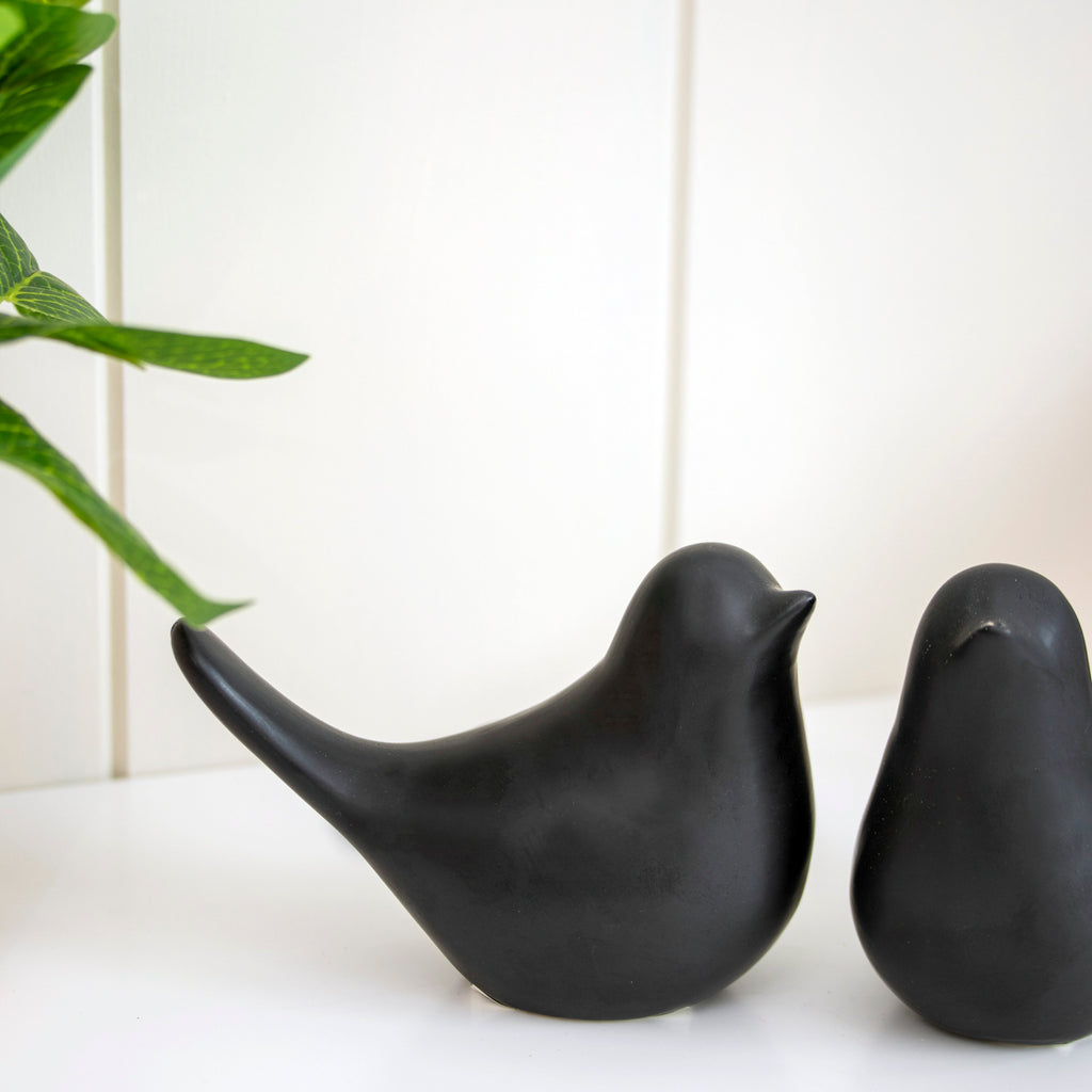 Set of 2 Matt Black Ceramic Bird Ornaments