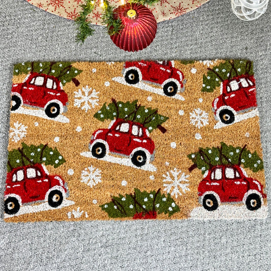 Red Christmas Car Coir Doormat