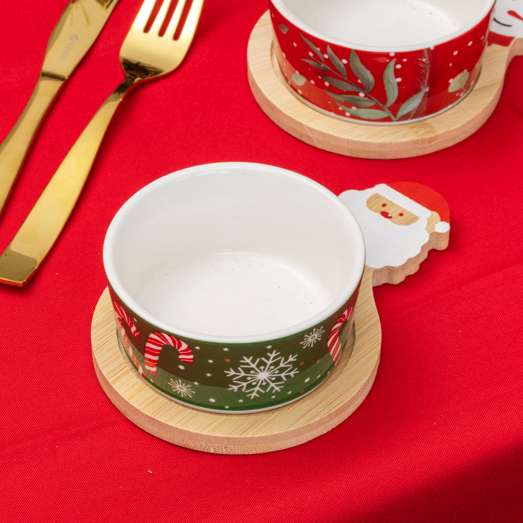 Set Of 6 Festive Christmas Nibble Bowls With Bamboo Trays
