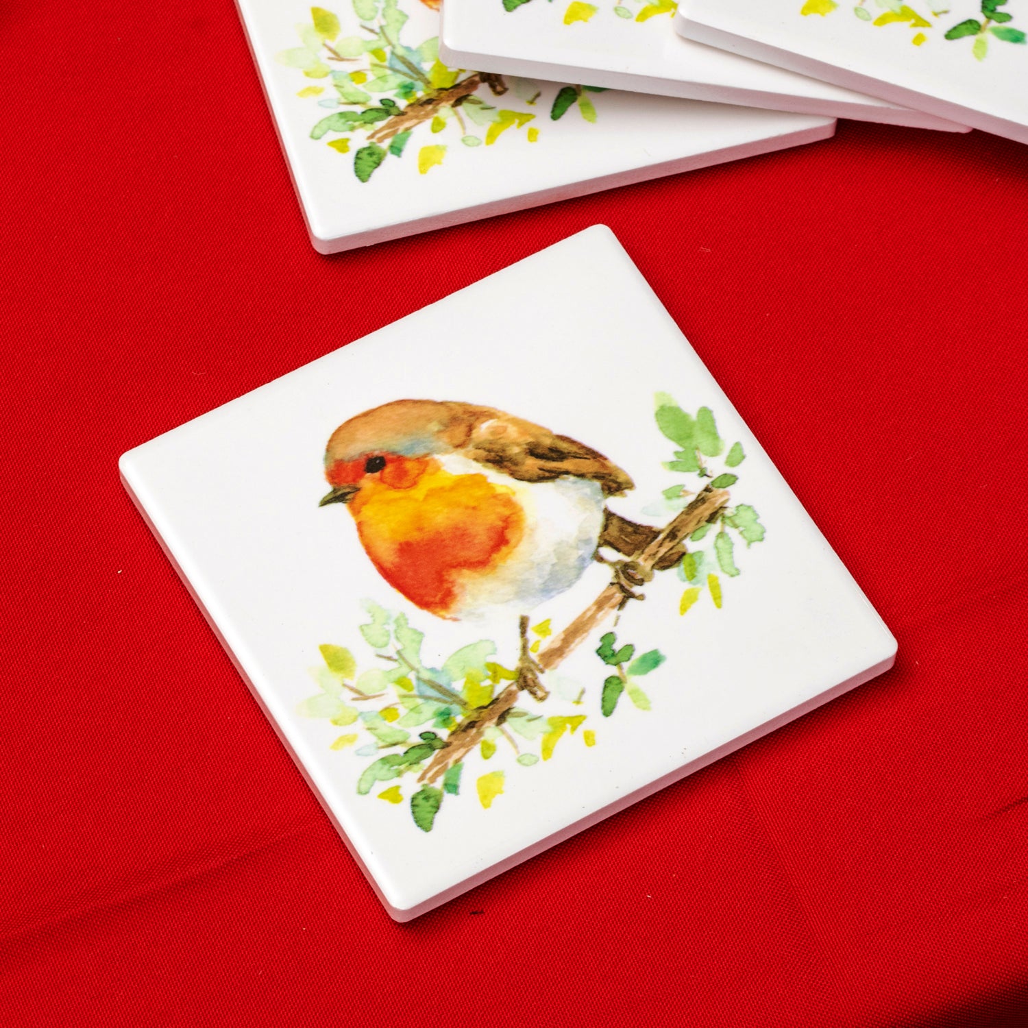 Set Of 4 Ceramic Christmas Robins Coasters