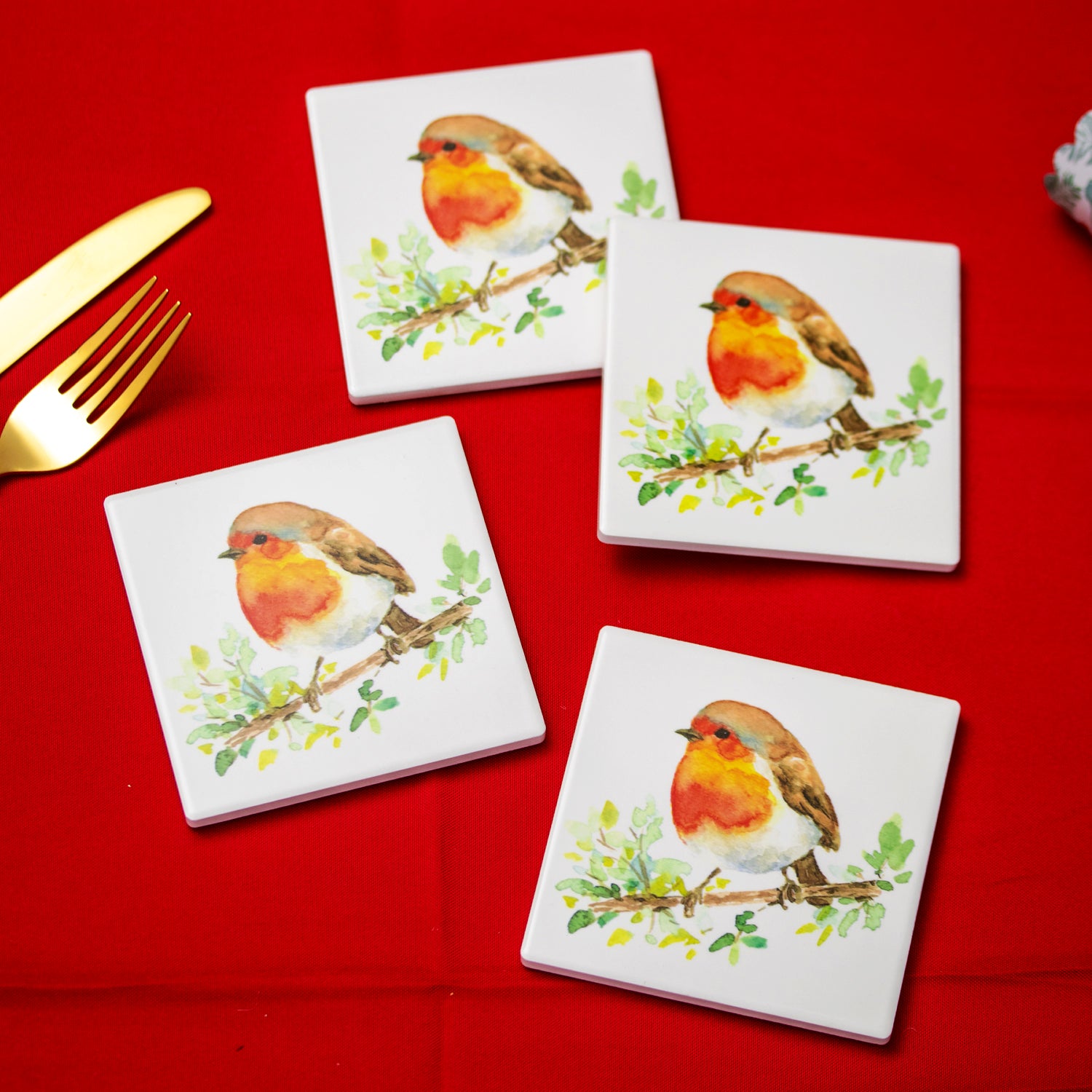 Set Of 4 Ceramic Christmas Robins Coasters
