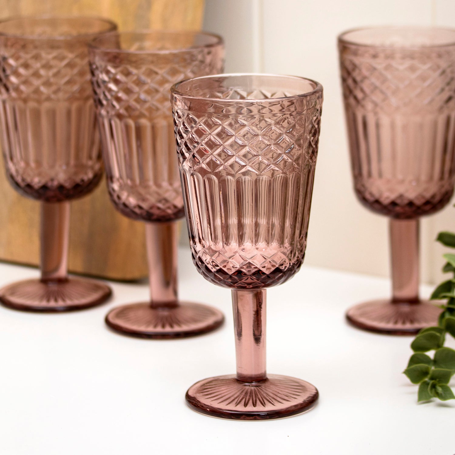 Set Of 6 Embossed Pink Wine Glasses