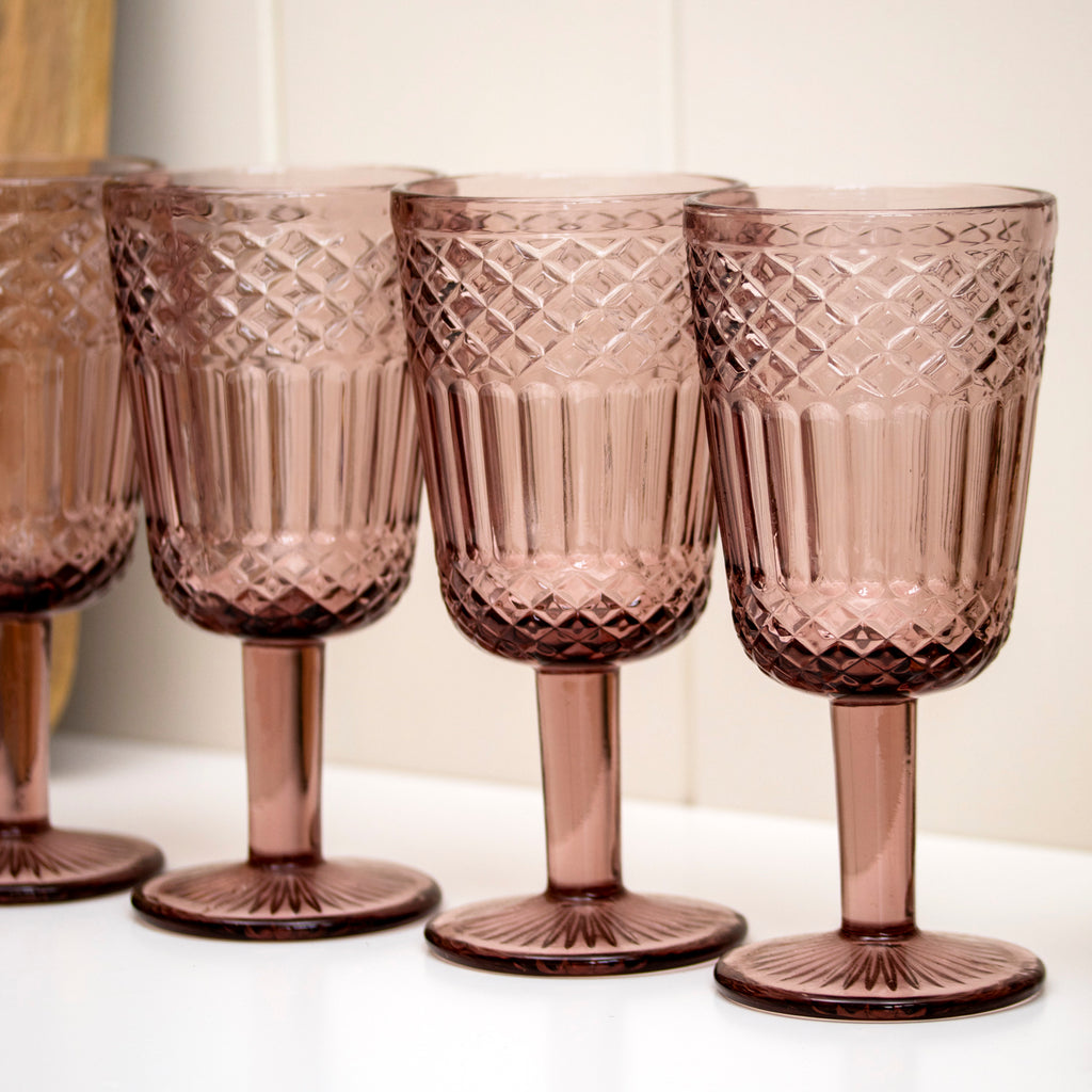 Set Of 6 Embossed Pink Wine Glasses