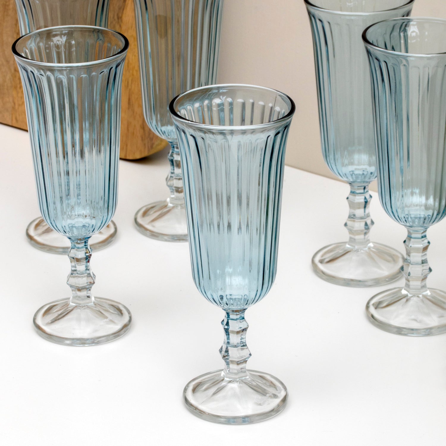 Set Of 6 Blue Ribbed Glass Champagne Flutes