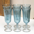 Set Of 6 Blue Ribbed Glass Champagne Flutes