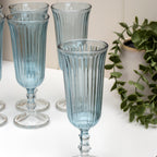 Set Of 6 Blue Ribbed Glass Champagne Flutes