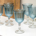 Set Of 6 Blue Ribbed Stemmed Wine Glasses