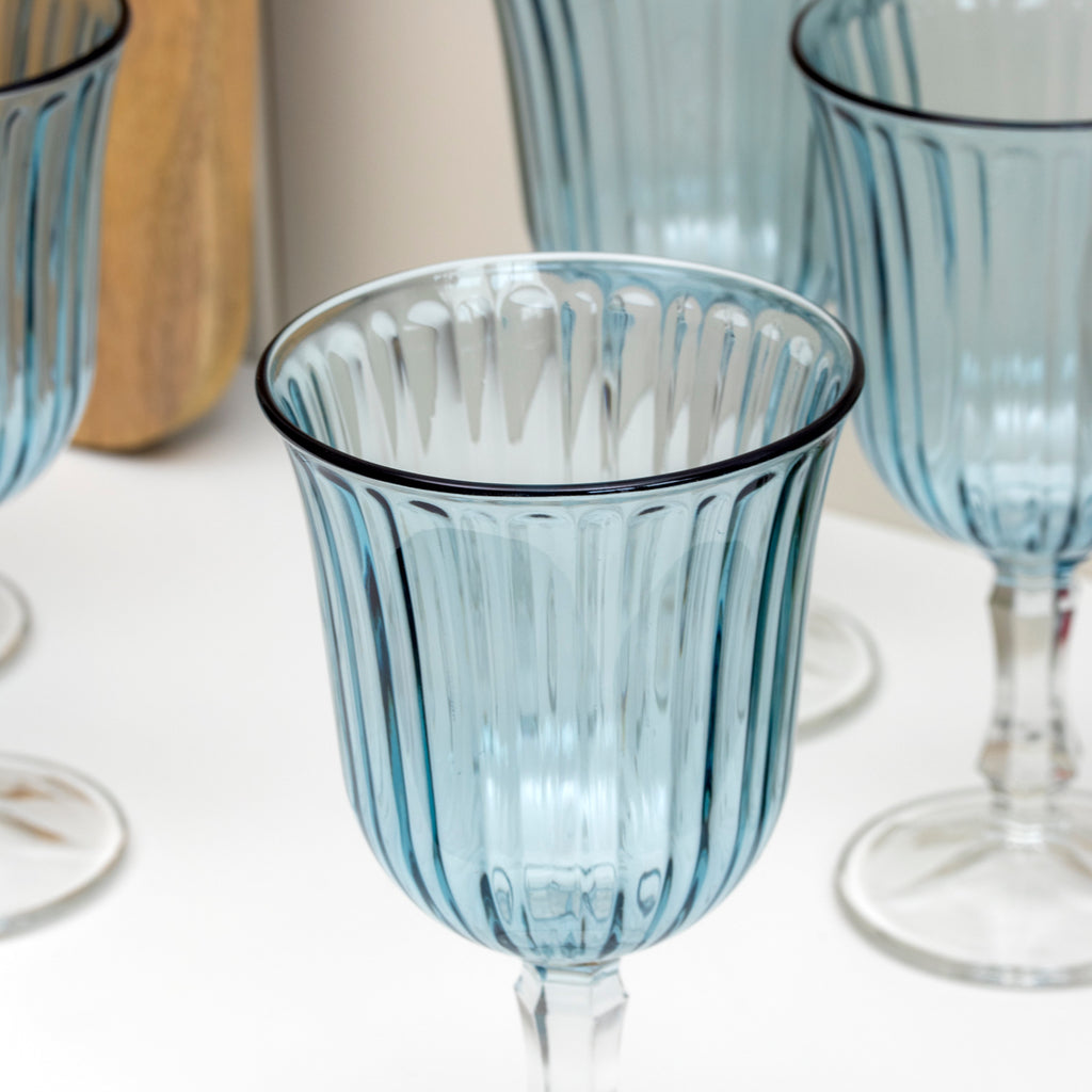 Set Of 6 Blue Ribbed Stemmed Wine Glasses
