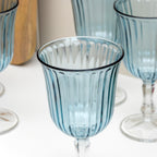 Set Of 6 Blue Ribbed Stemmed Wine Glasses