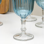 Set Of 6 Blue Ribbed Stemmed Wine Glasses