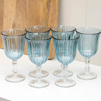 Set Of 6 Blue Ribbed Stemmed Wine Glasses