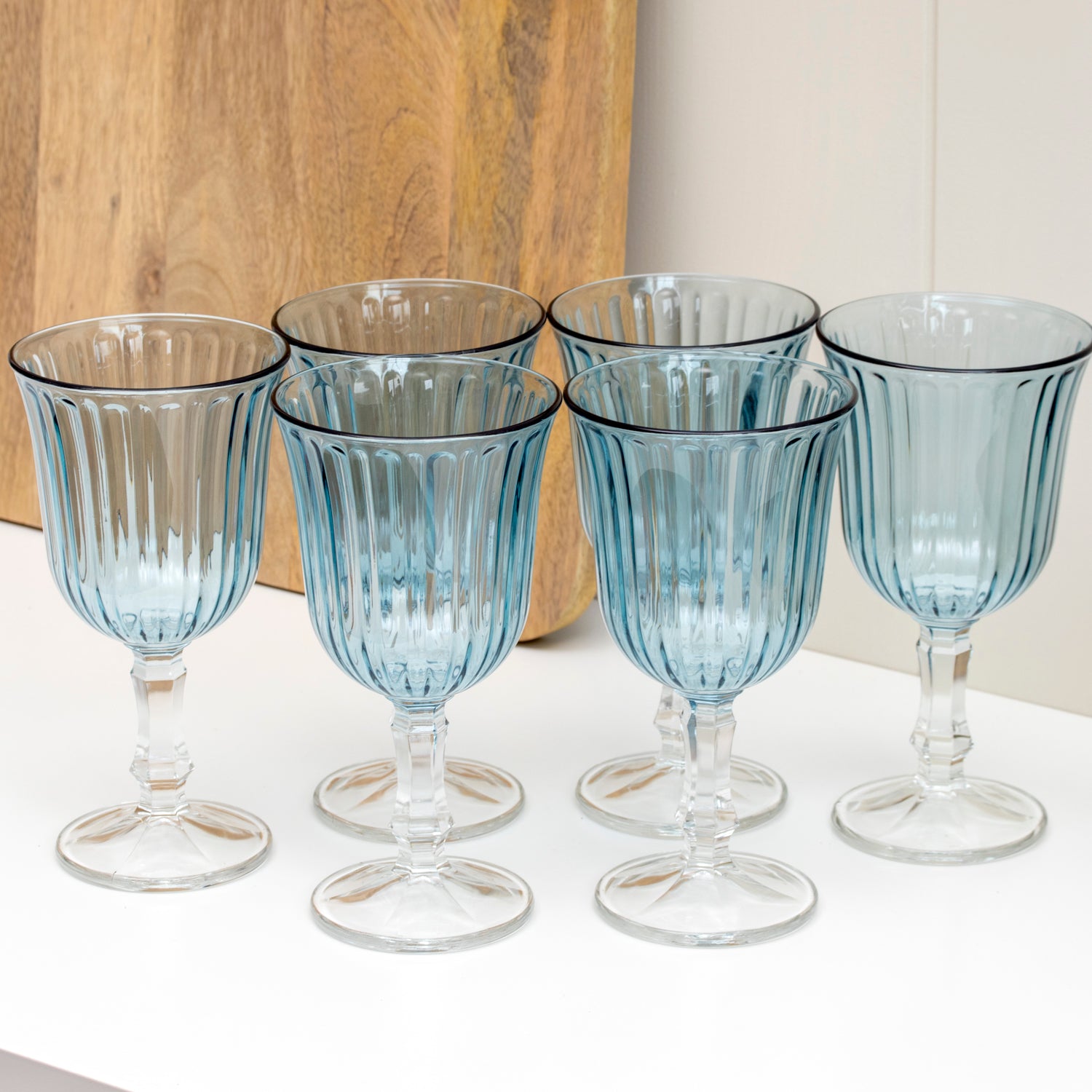 Set Of 6 Blue Ribbed Stemmed Wine Glasses