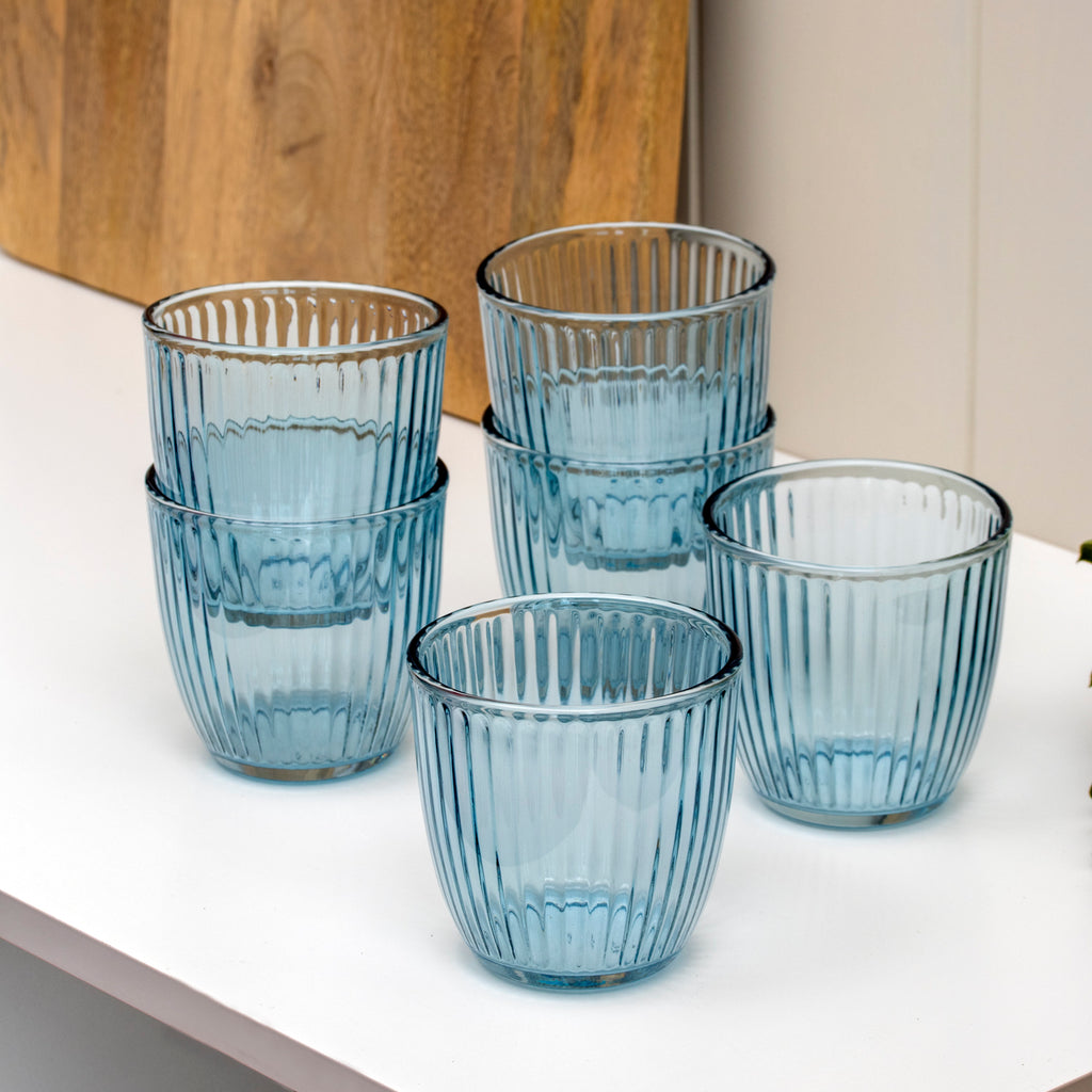 Set Of 6 Blue Ribbed Tumbler Glasses