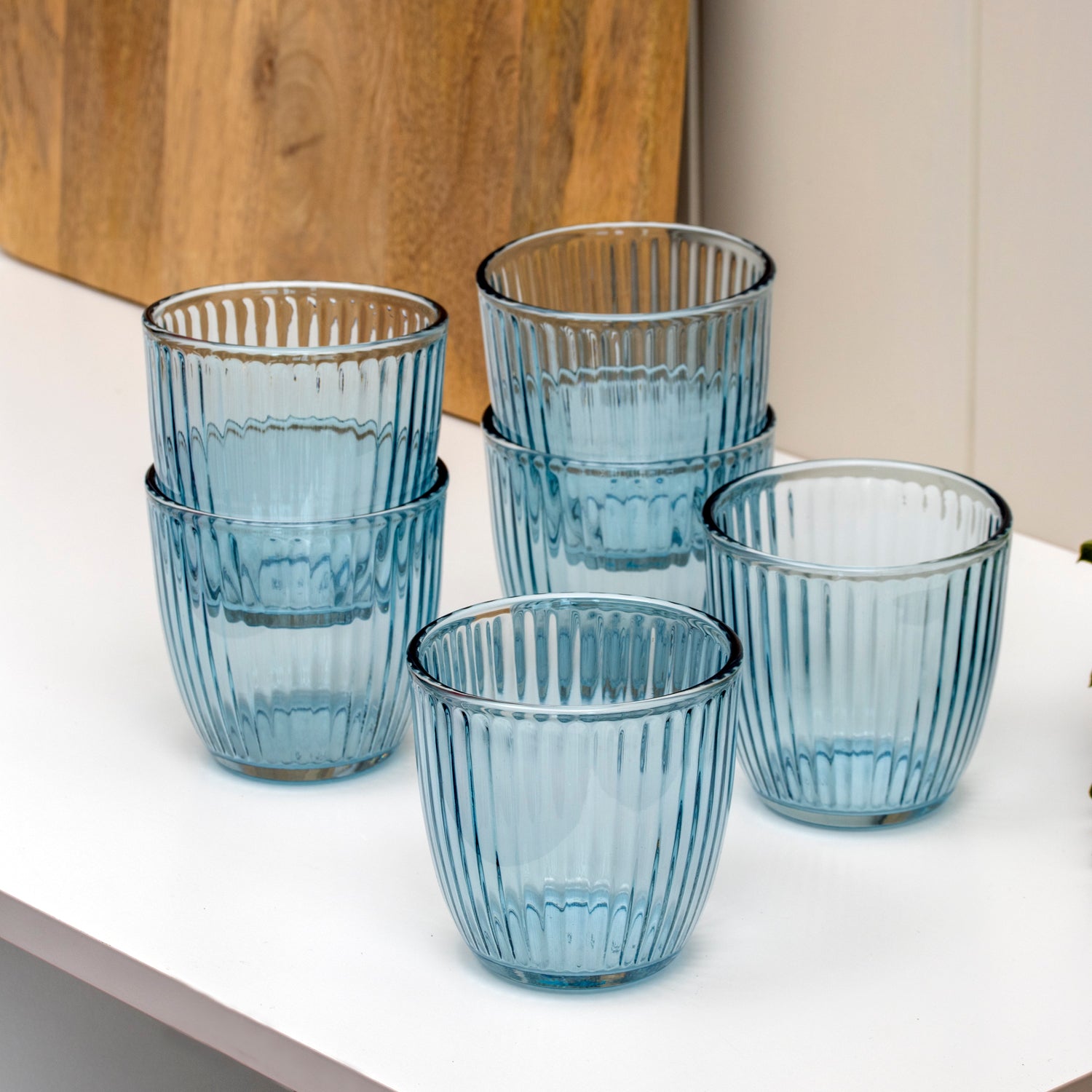 Set Of 6 Blue Ribbed Tumbler Glasses