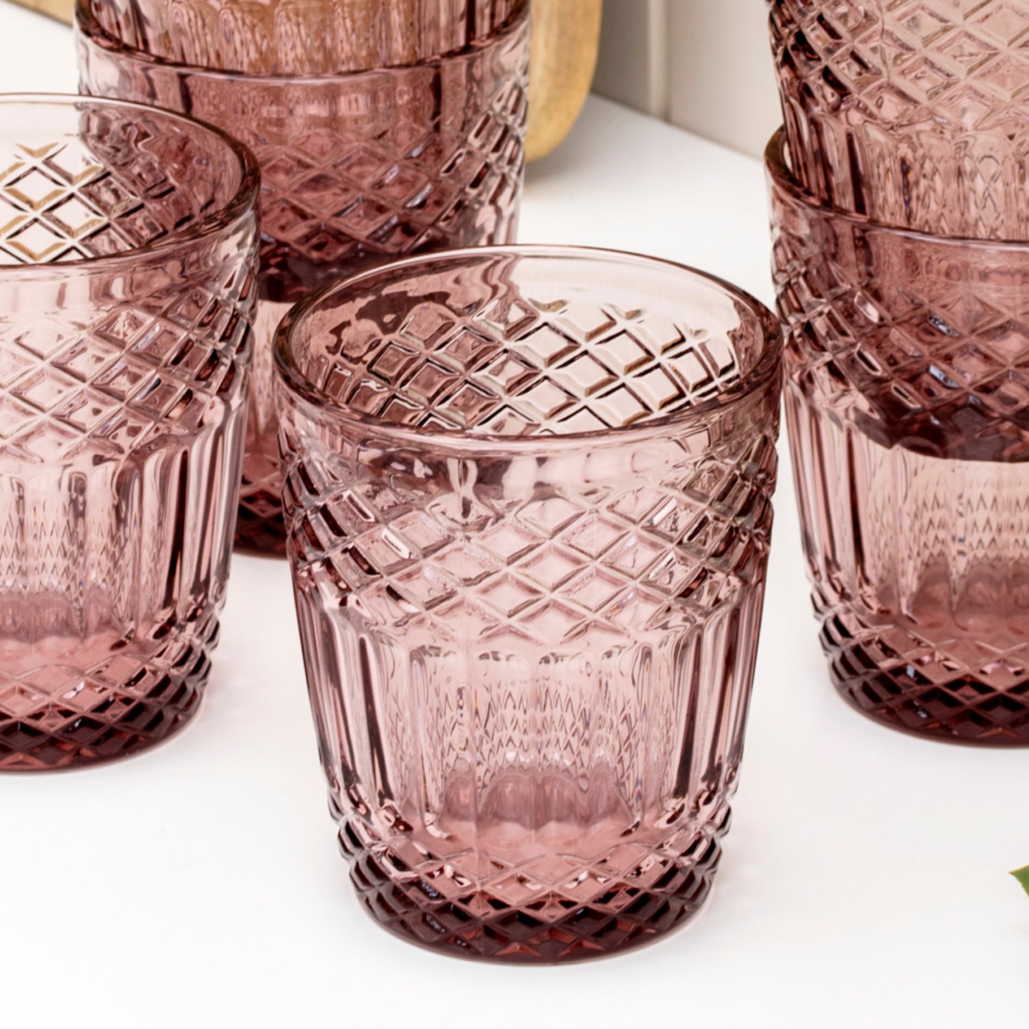Set Of 6 Small Embossed Pink Glass Tumblers